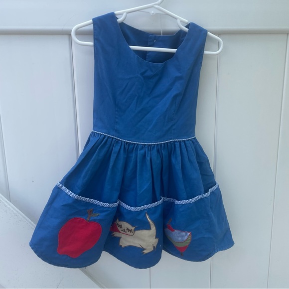 Vintage Other - VINTAGE 1970s ROYAL BLUE CAT APPLE TOP APPLIQUÉ POCKET DRESS SIZE 2T